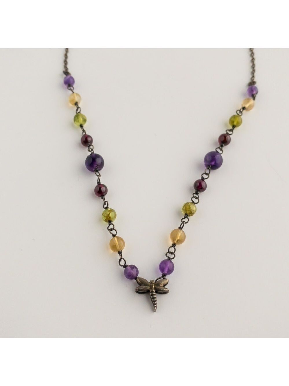 Sterling Silver Necklace Multicoloured Gemstones Dragonfly Charm Pendant Vintage